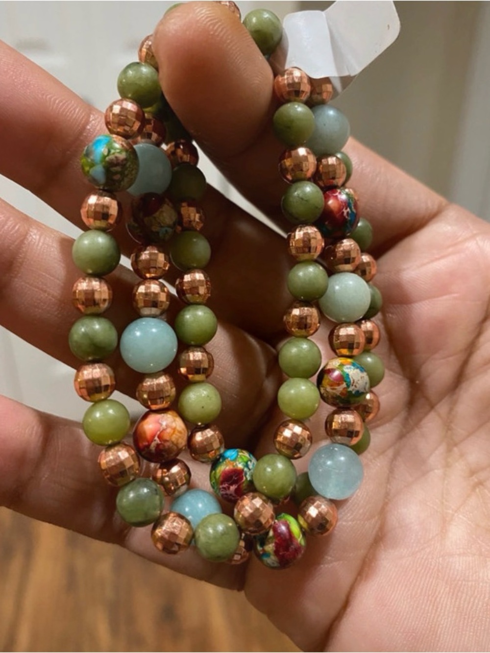 Colorful Sea Sediment Jasper, Amazonite & China Jade Healing Stacked Bracelets - Picture 5 of 6